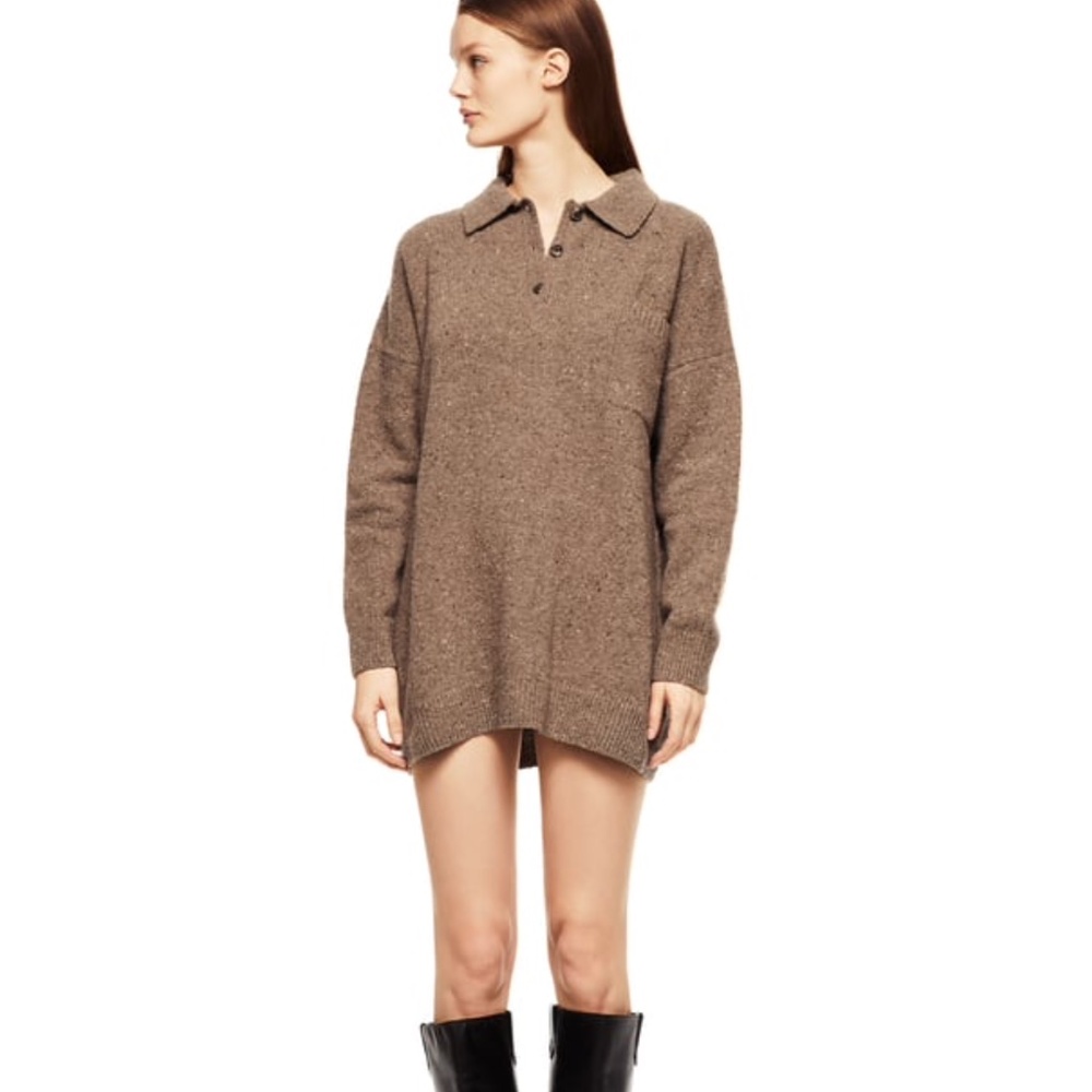 zara WOOL BLEND KNIT POLO TAUPE BROWN